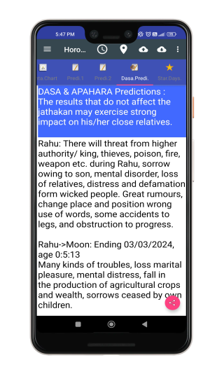 Dasha and Apahara Predictions Display: Astrological App Screen Insights